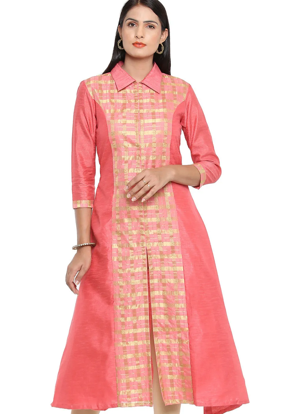 Woven Bhagalpuri Silk A Line Front Slit Kurta in Baby Pink