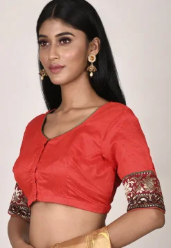 Woven Border Art Silk Blouse in Red