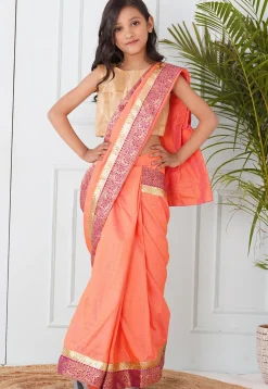 Woven Border Art Silk Pre-stitched Saree in Peach