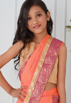 Woven Border Art Silk Pre-stitched Saree in Peach