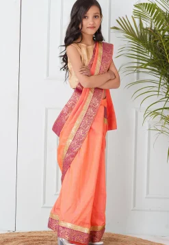 Woven Border Art Silk Pre-stitched Saree in Peach