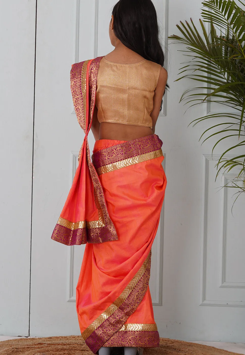 Woven Border Art Silk Pre-stitched Saree in Peach