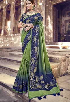 Woven Border Art Silk Saree in Olive Green and Navy Blue