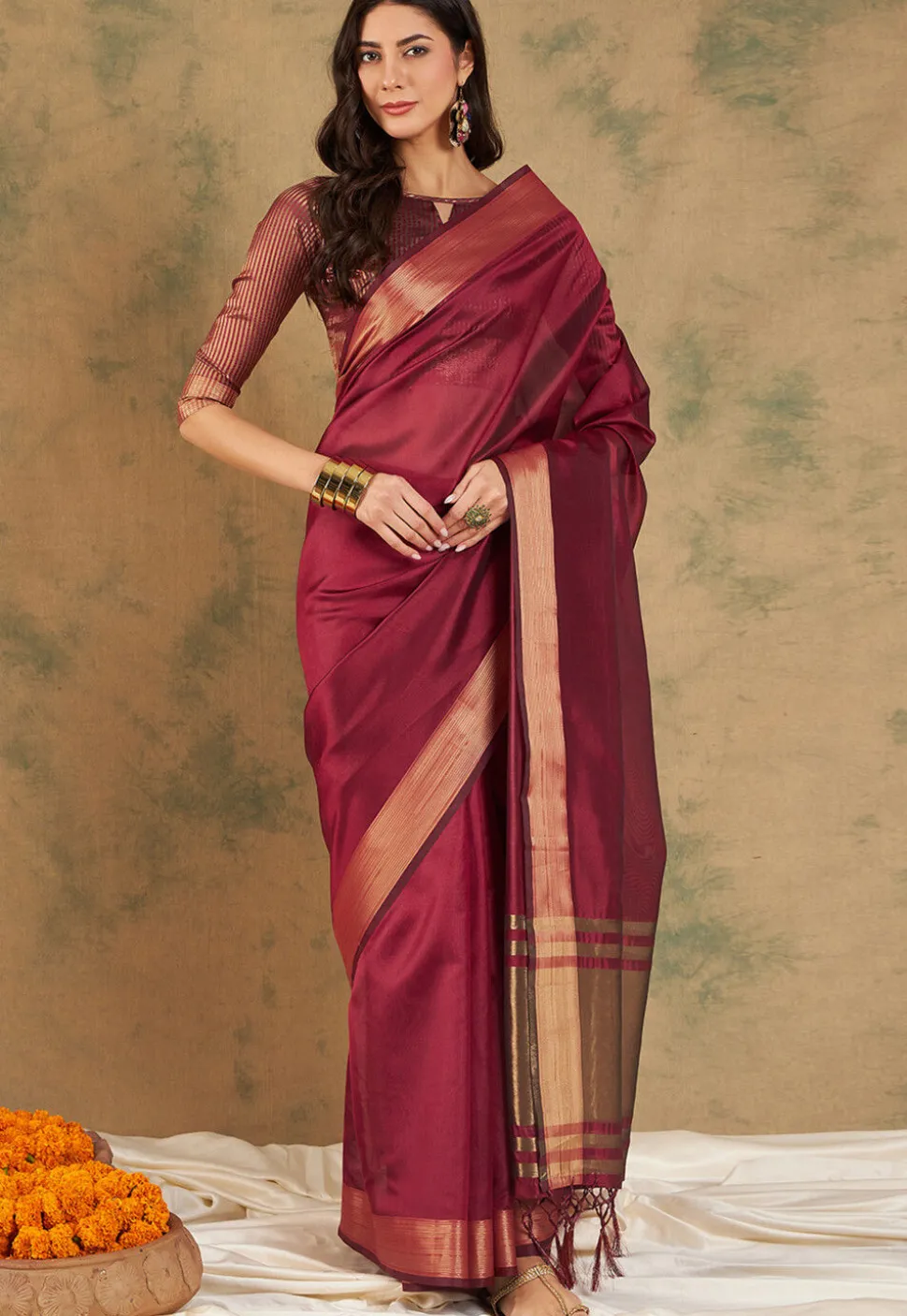 Woven Border Cotton Silk Saree in Maroon