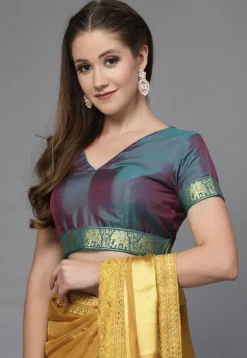 Woven Border Matka Silk Blouse in Teal Blue