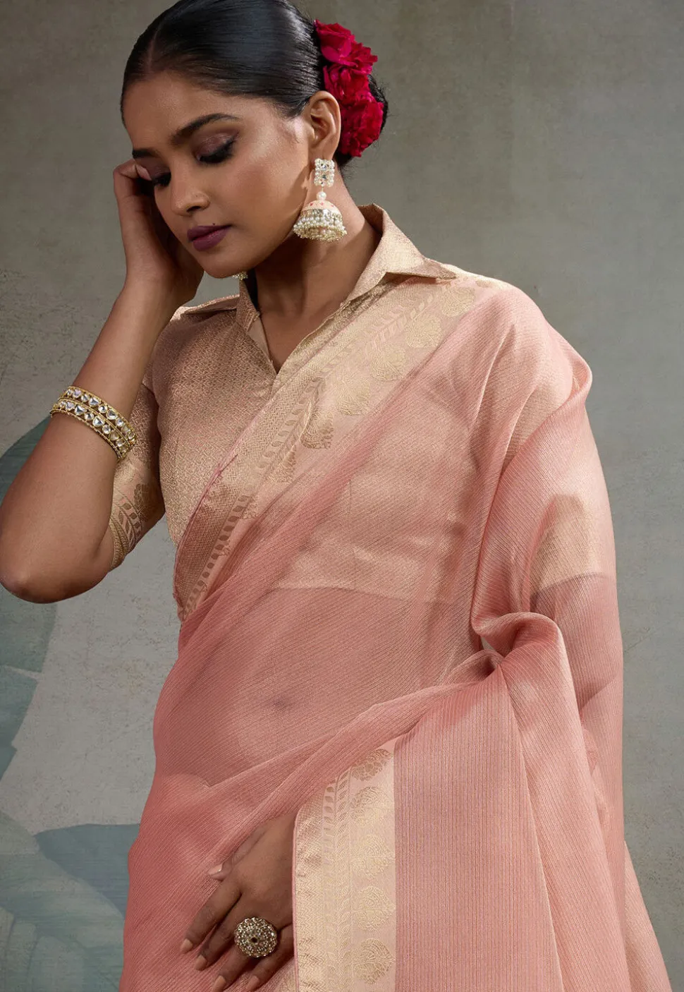 Woven Border Tissue Silk Saree in Peach