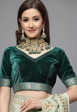 Woven Border Velvet Blouse in Teal Green