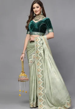 Woven Border Velvet Blouse in Teal Green