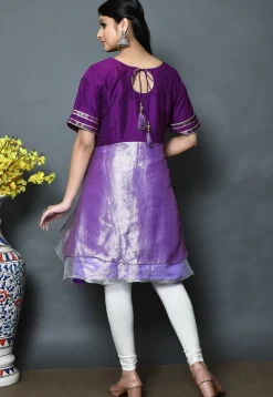 Woven Brocade A Line Kurti in Purple