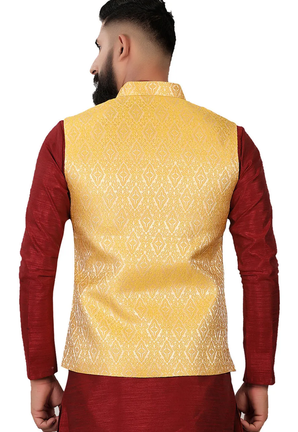 Woven Brocade Nehru Jacket in Mustard