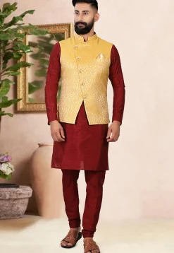 Woven Brocade Nehru Jacket in Mustard