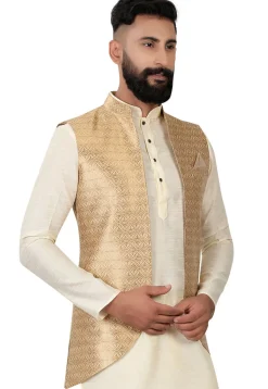 Woven Brocade Nehru Jacket in Golden