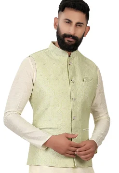 Woven Brocade Nehru Jacket in Light Green