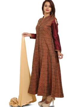 Woven Brocade Silk Anarkali Style Suit in Brown