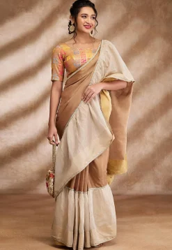 Woven Brocade Silk Blouse in Beige