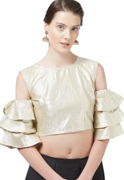 Woven Brocade Silk Blouse in Light Beige