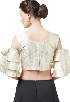 Woven Brocade Silk Blouse in Light Beige