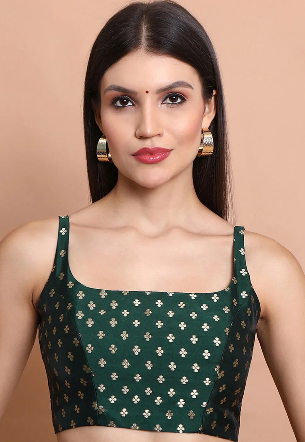 Woven Brocade Silk Blouse in Dark Green