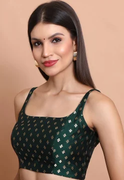 Woven Brocade Silk Blouse in Dark Green