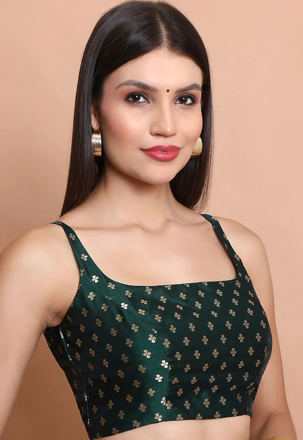 Woven Brocade Silk Blouse in Dark Green