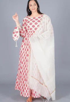 Woven Chanderi Cotton Abaya Style Suit in off White