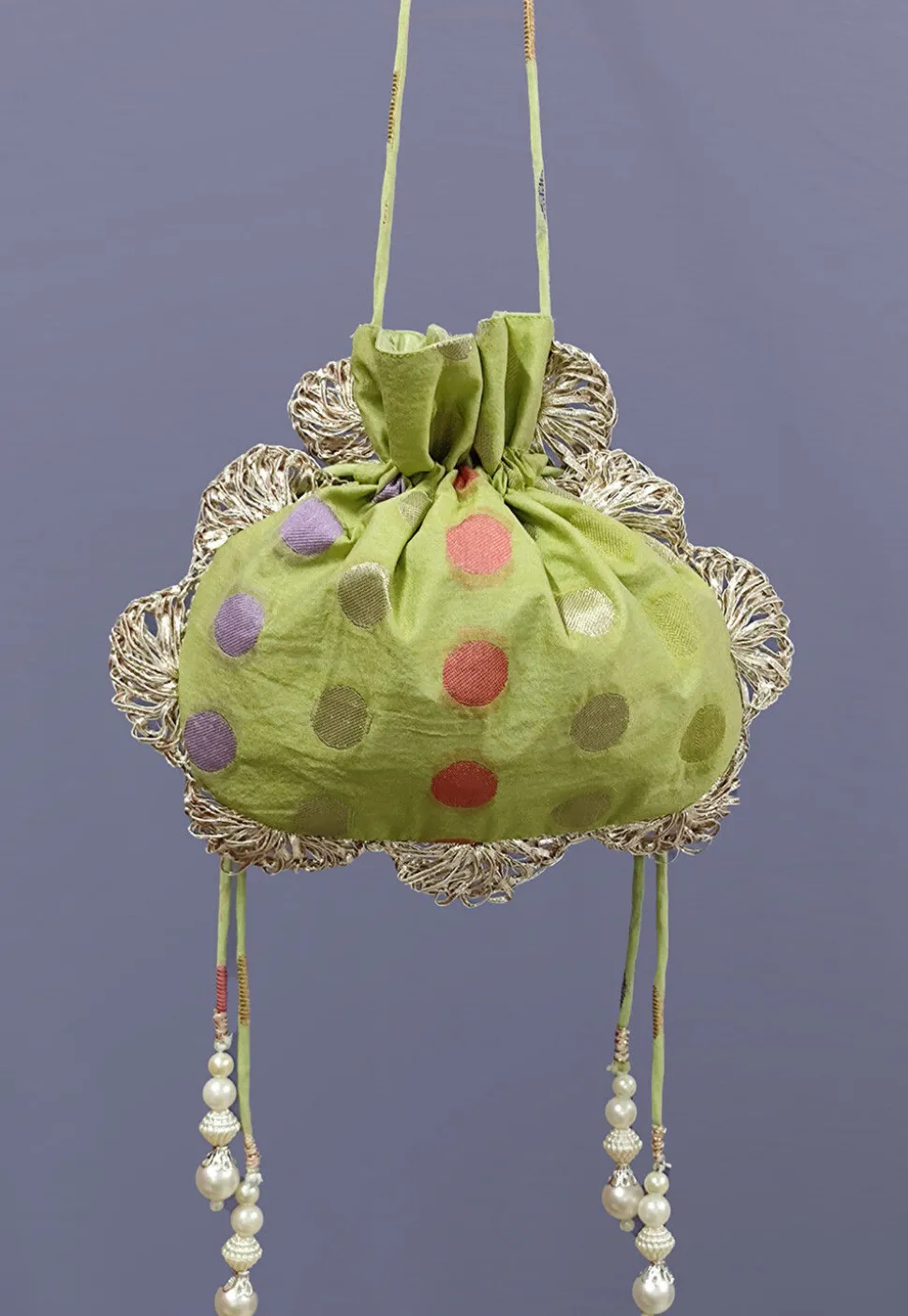 Woven Chanderi Cotton Jacquard Potli Bag in Light Green