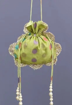 Woven Chanderi Cotton Jacquard Potli Bag in Light Green
