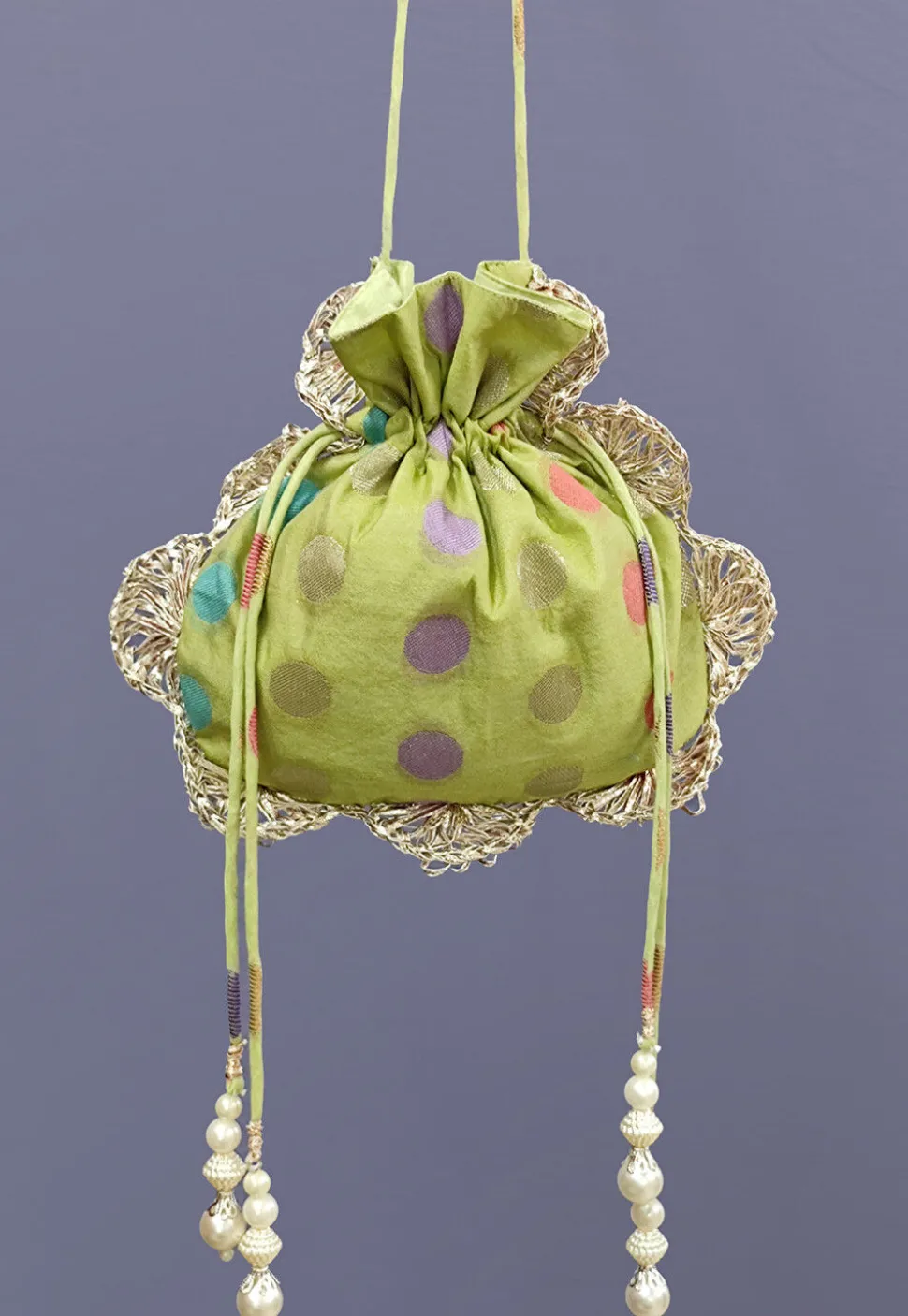 Woven Chanderi Cotton Jacquard Potli Bag in Light Green