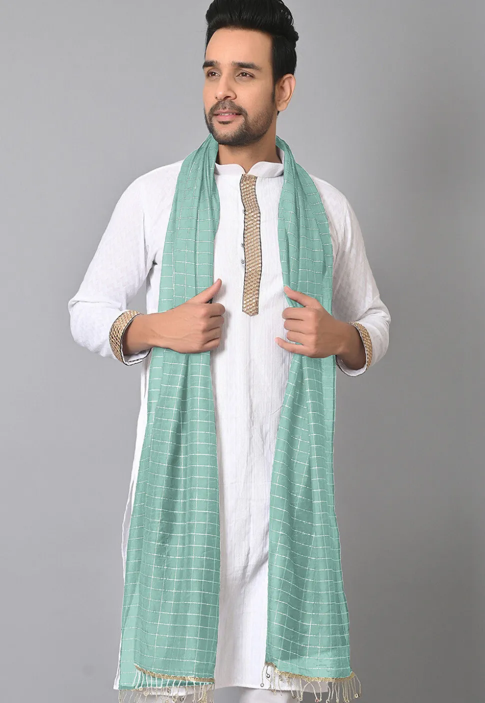 Woven Chanderi Cotton Men Dupatta in Sea Green