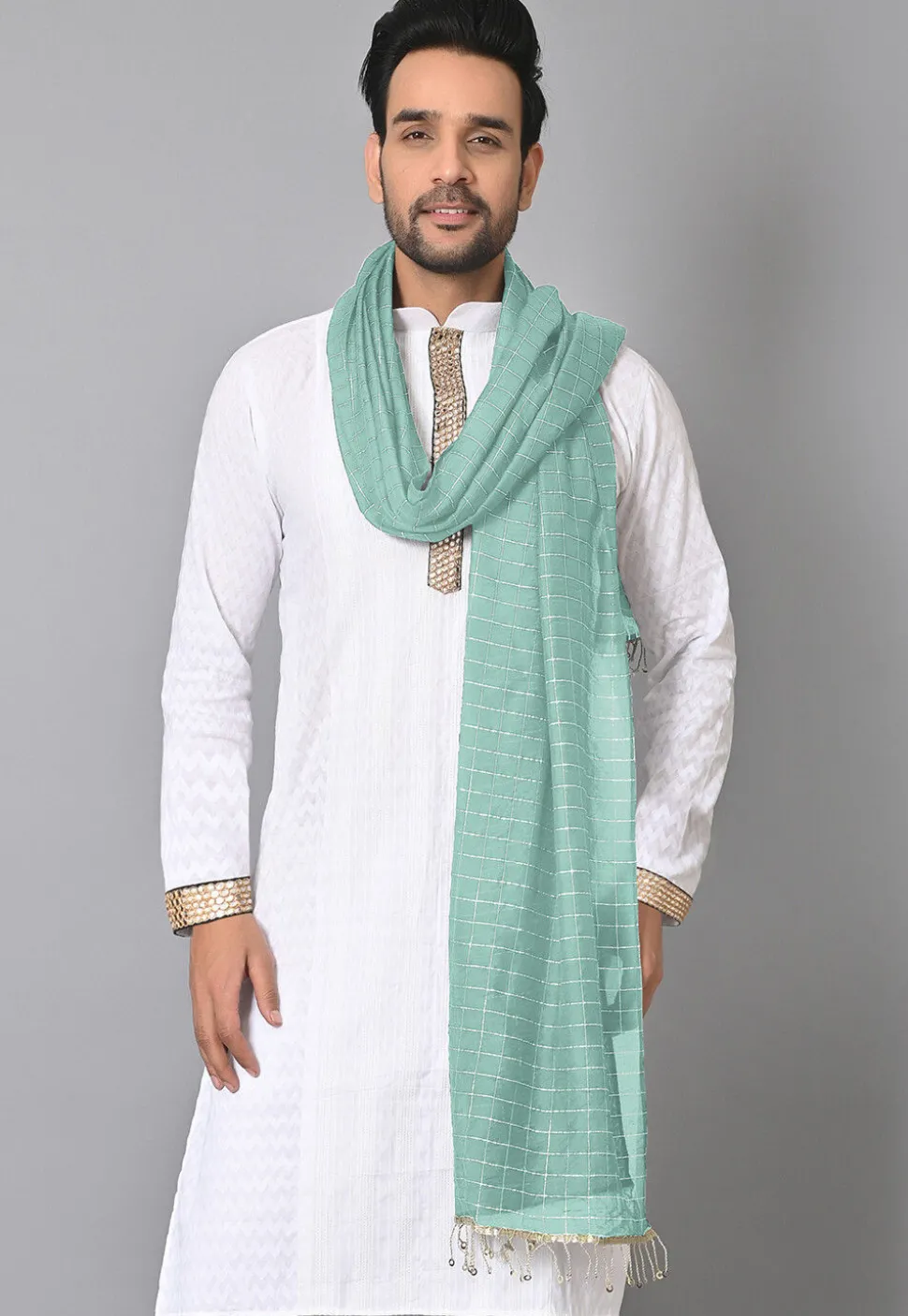 Woven Chanderi Cotton Men Dupatta in Sea Green