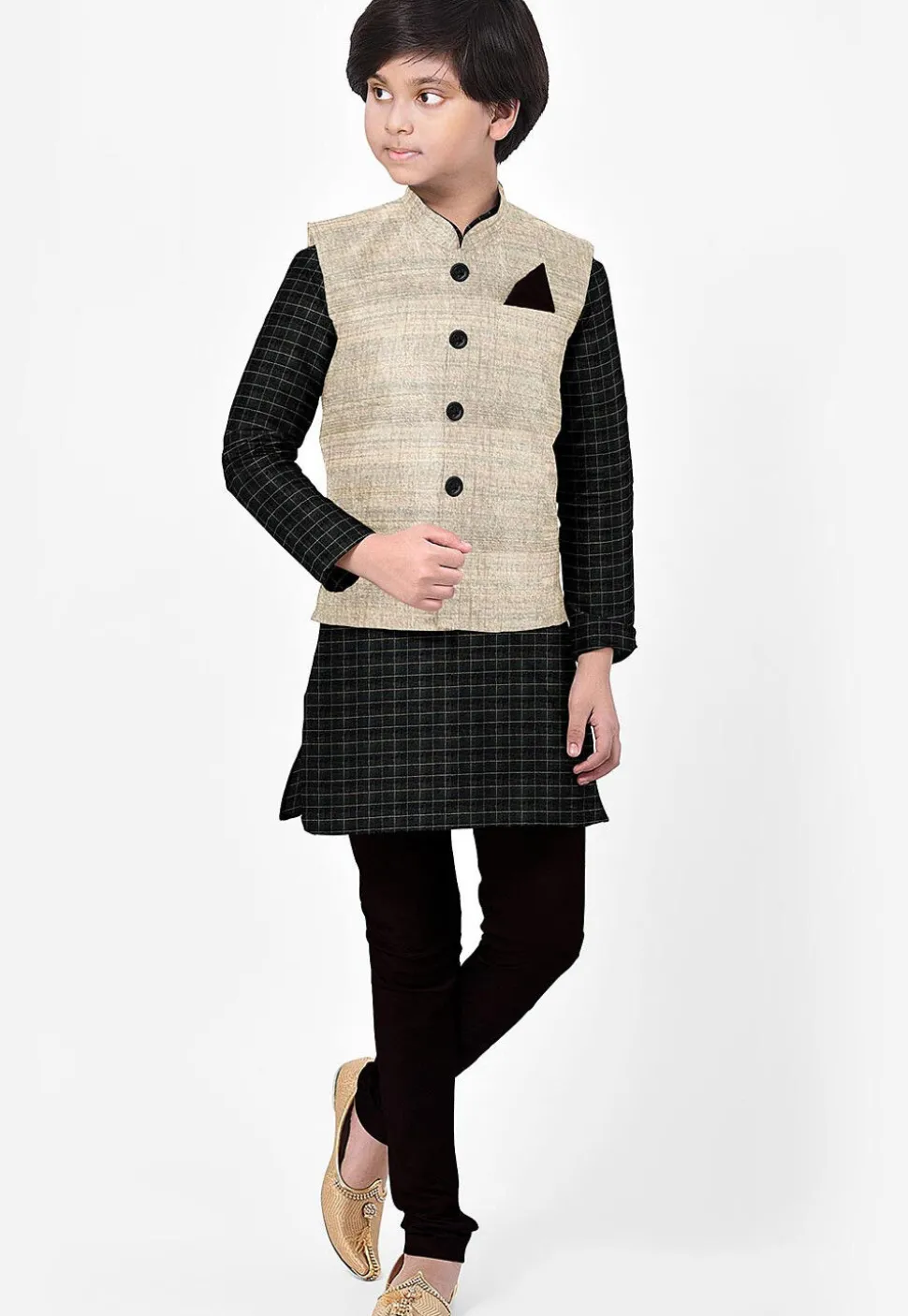 Woven Chanderi Cotton Silk Kurta Jacket Set in Black