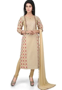 Woven Chanderi Cotton Straight Cut Suit in Beige
