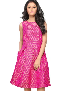 Woven Chanderi Silk A Line Dress in Fuchsia