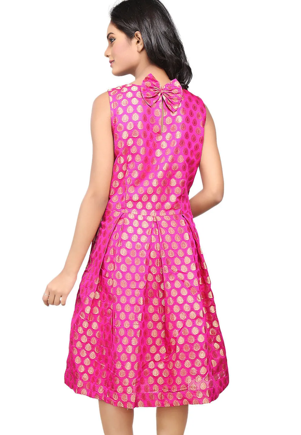 Woven Chanderi Silk A Line Dress in Fuchsia