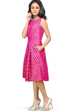 Woven Chanderi Silk A Line Dress in Fuchsia
