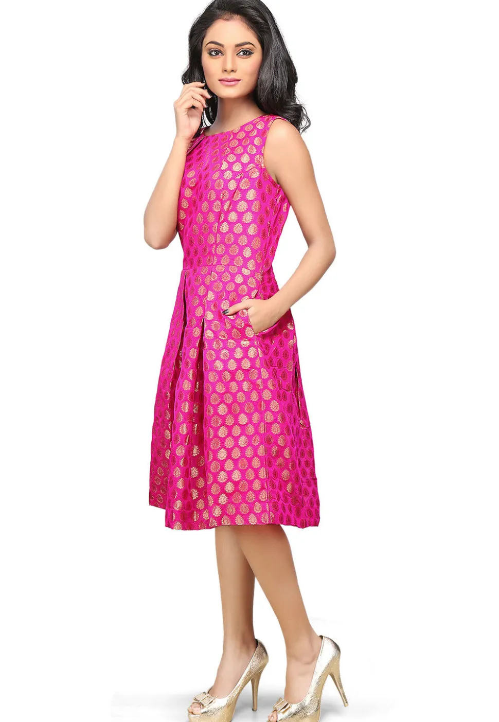 Woven Chanderi Silk A Line Dress in Fuchsia