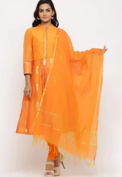 Woven Chanderi Silk Anarkali Suit in Shaded Orange