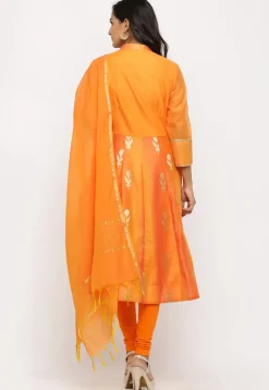Woven Chanderi Silk Anarkali Suit in Shaded Orange