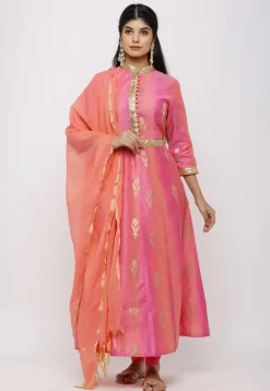 Woven Chanderi Silk Anarkali Suit in Shaded Pink