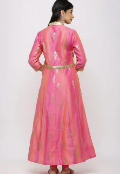 Woven Chanderi Silk Anarkali Suit in Shaded Pink