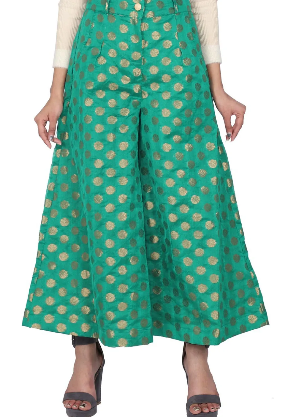 Woven Chanderi Silk Flared Palazzo in Green