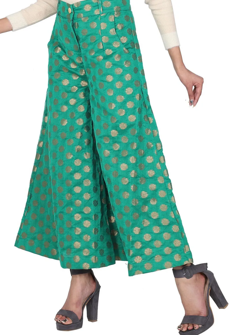 Woven Chanderi Silk Flared Palazzo in Green