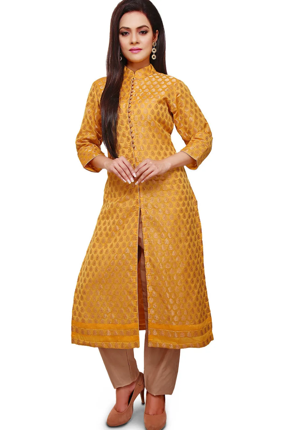 Woven Chanderi Silk Front Slit Long Kurta in Yellow