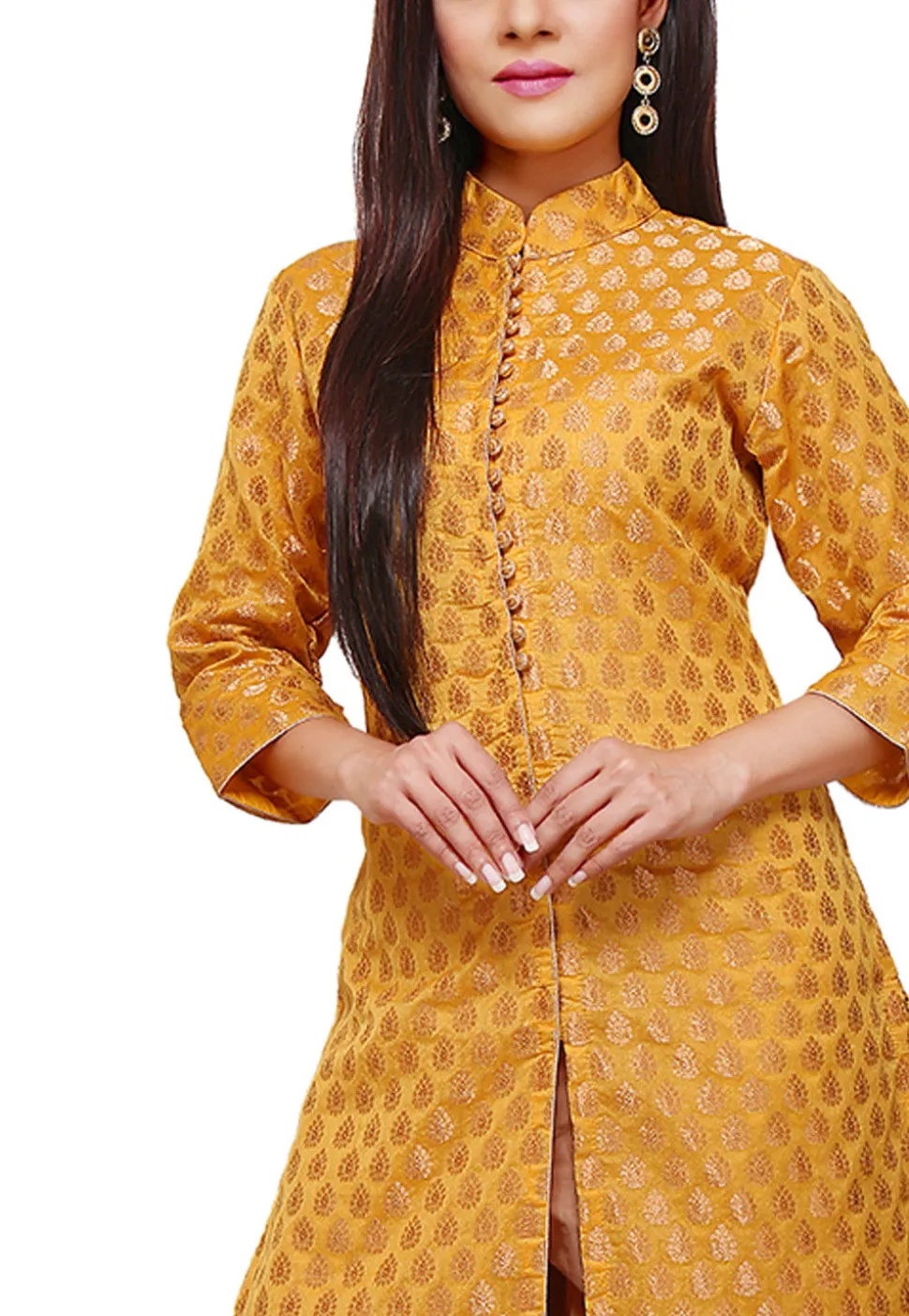 Woven Chanderi Silk Front Slit Long Kurta in Yellow