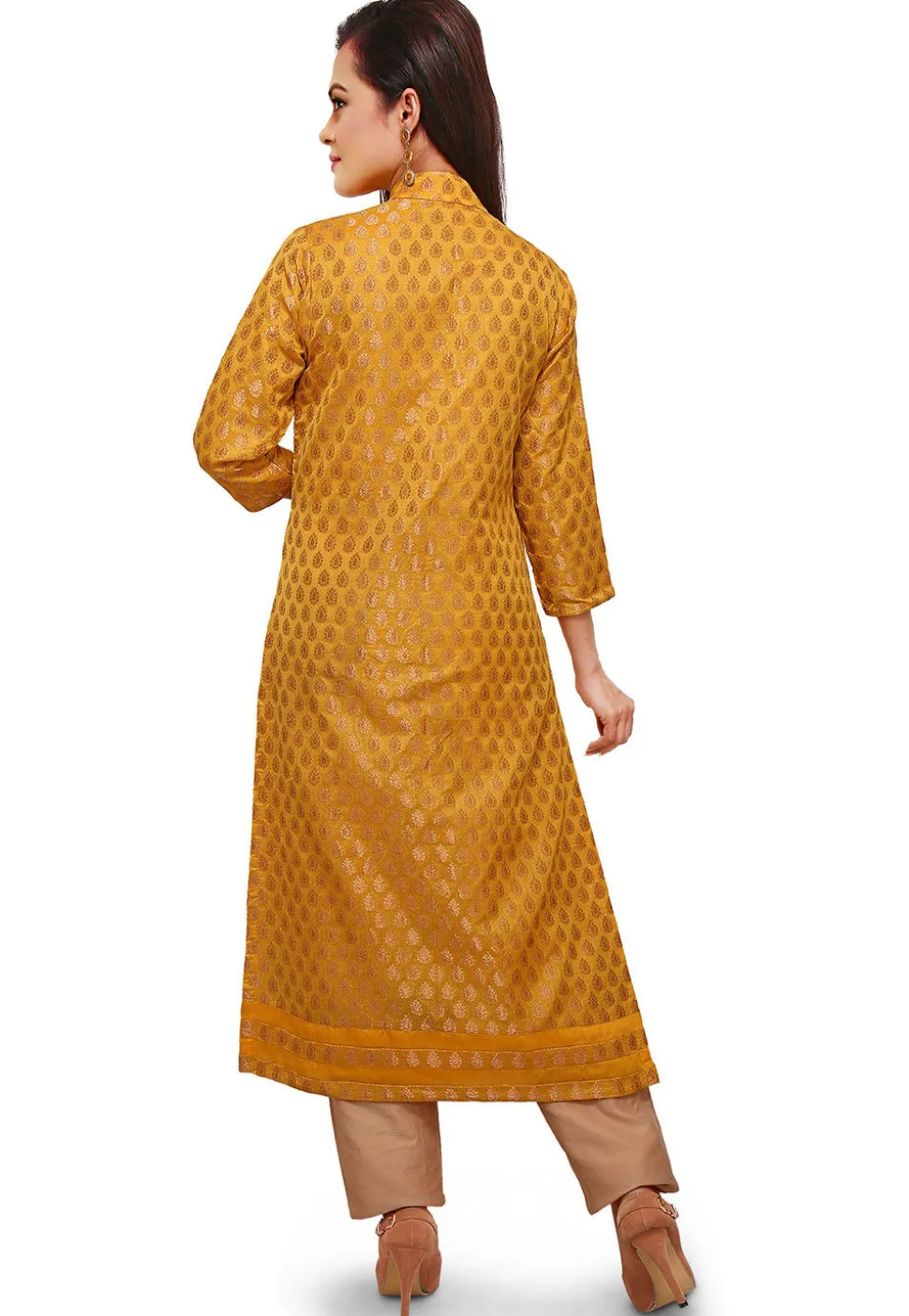 Woven Chanderi Silk Front Slit Long Kurta in Yellow