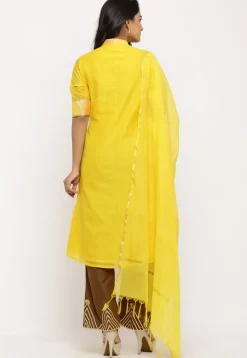 Woven Chanderi Silk Front Open Pakistani Suit in Shaded Yellow