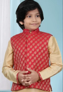 Woven Chanderi Silk Jacquard Nehru Jacket in Red