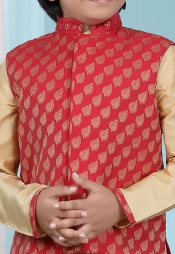 Woven Chanderi Silk Jacquard Nehru Jacket in Red