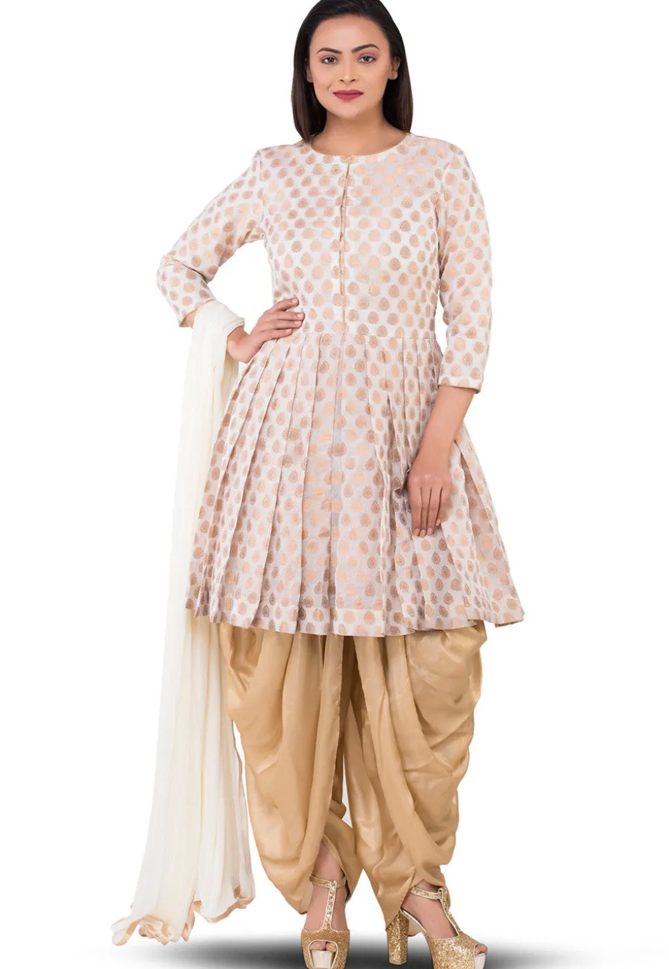 Woven Chanderi Silk Jacquard Punjabi Suit in Off White