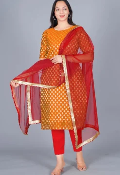 Woven Chanderi Silk Jacquard Pakistani Suit in Orange